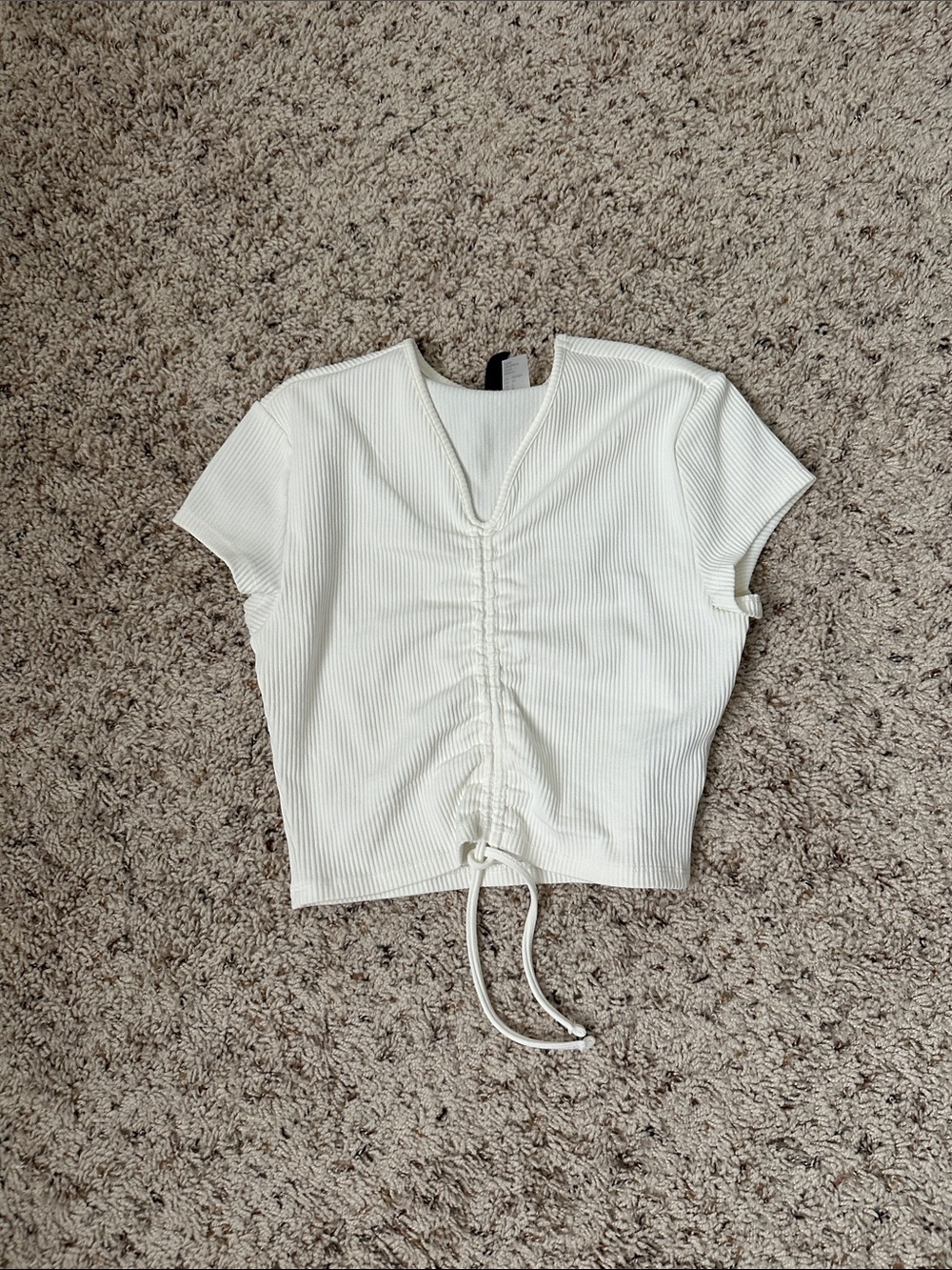 White Ribbed Drawstring Front Crop Top - Picture 1 of 1